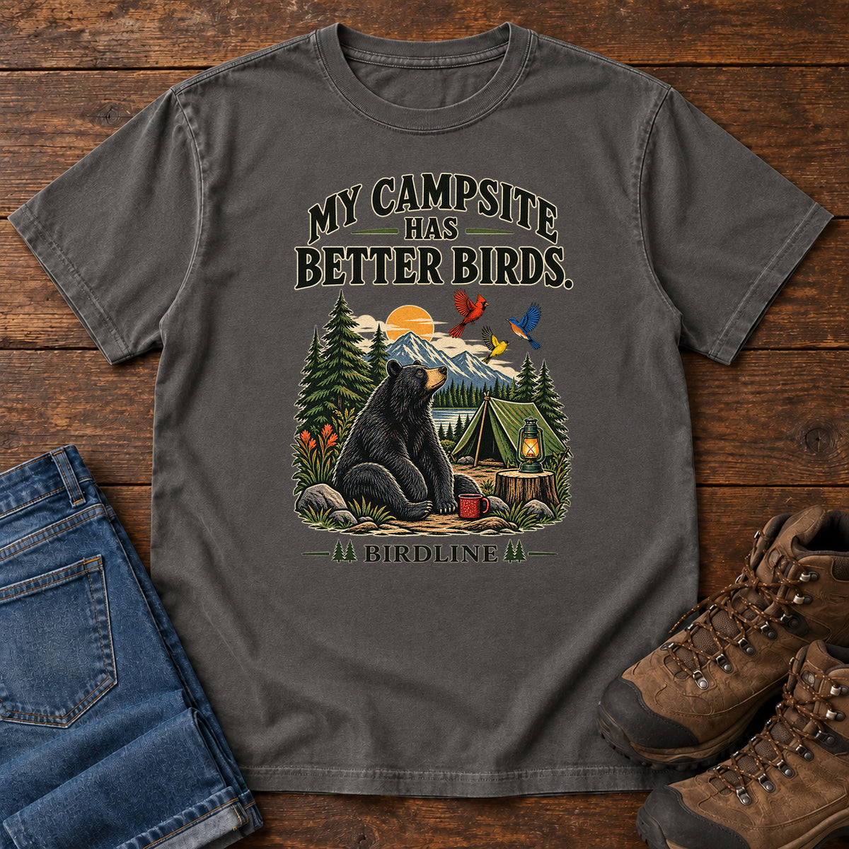 My Campsite Has Better Birds Bear T-Shirt in Pepper