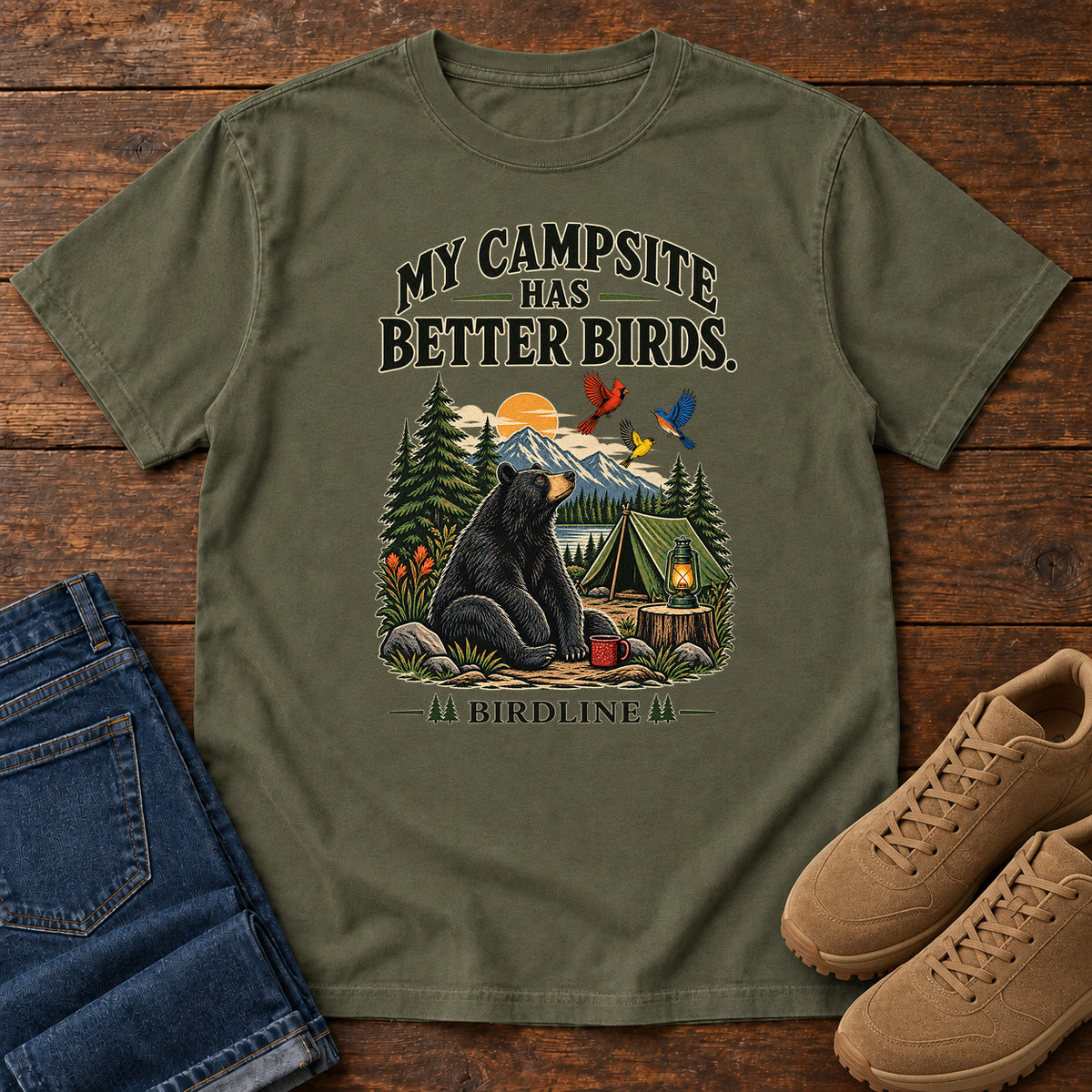 My Campsite Has Better Birds Bear T-Shirt in Sage