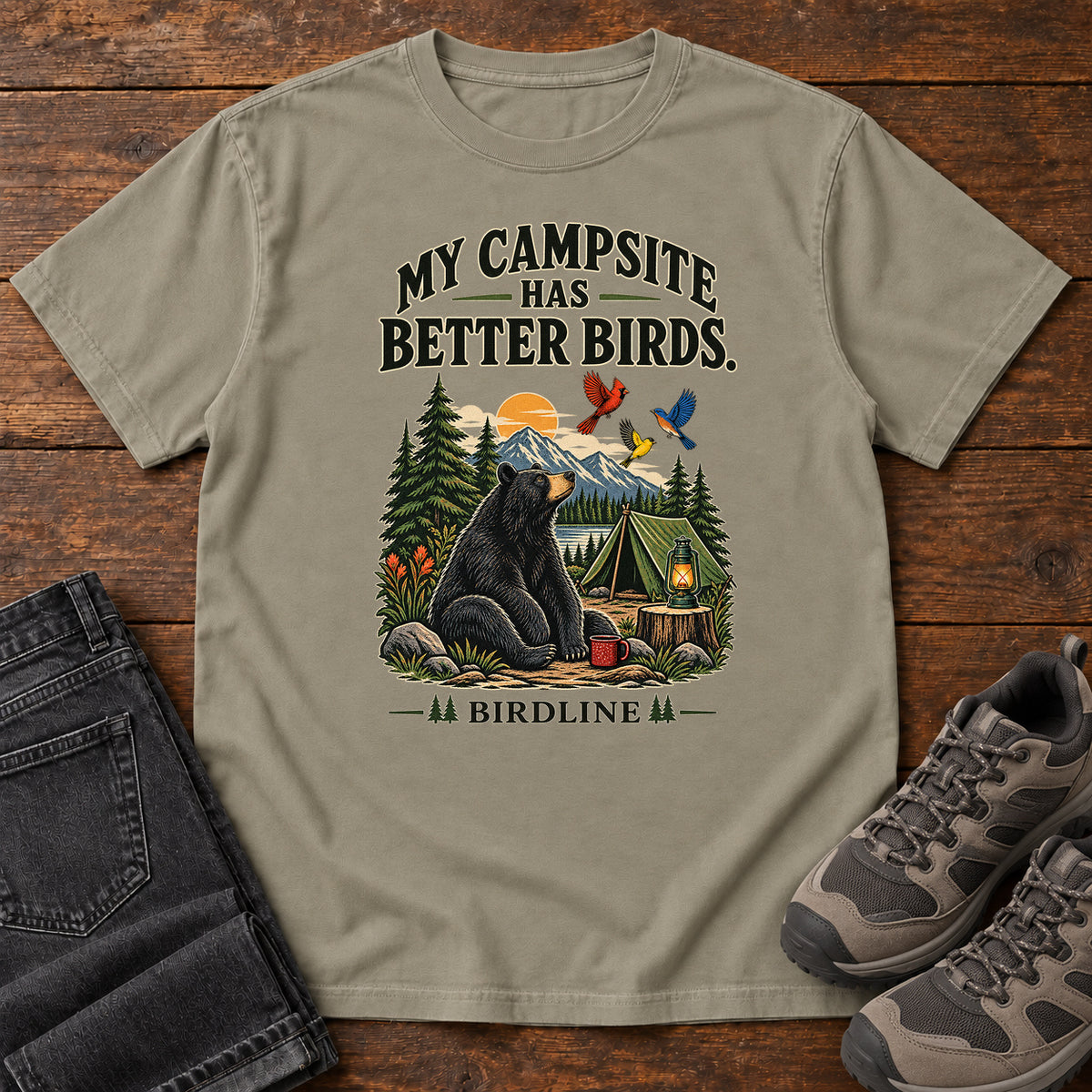 My Campsite Has Better Birds Bear T-Shirt in Sandstone