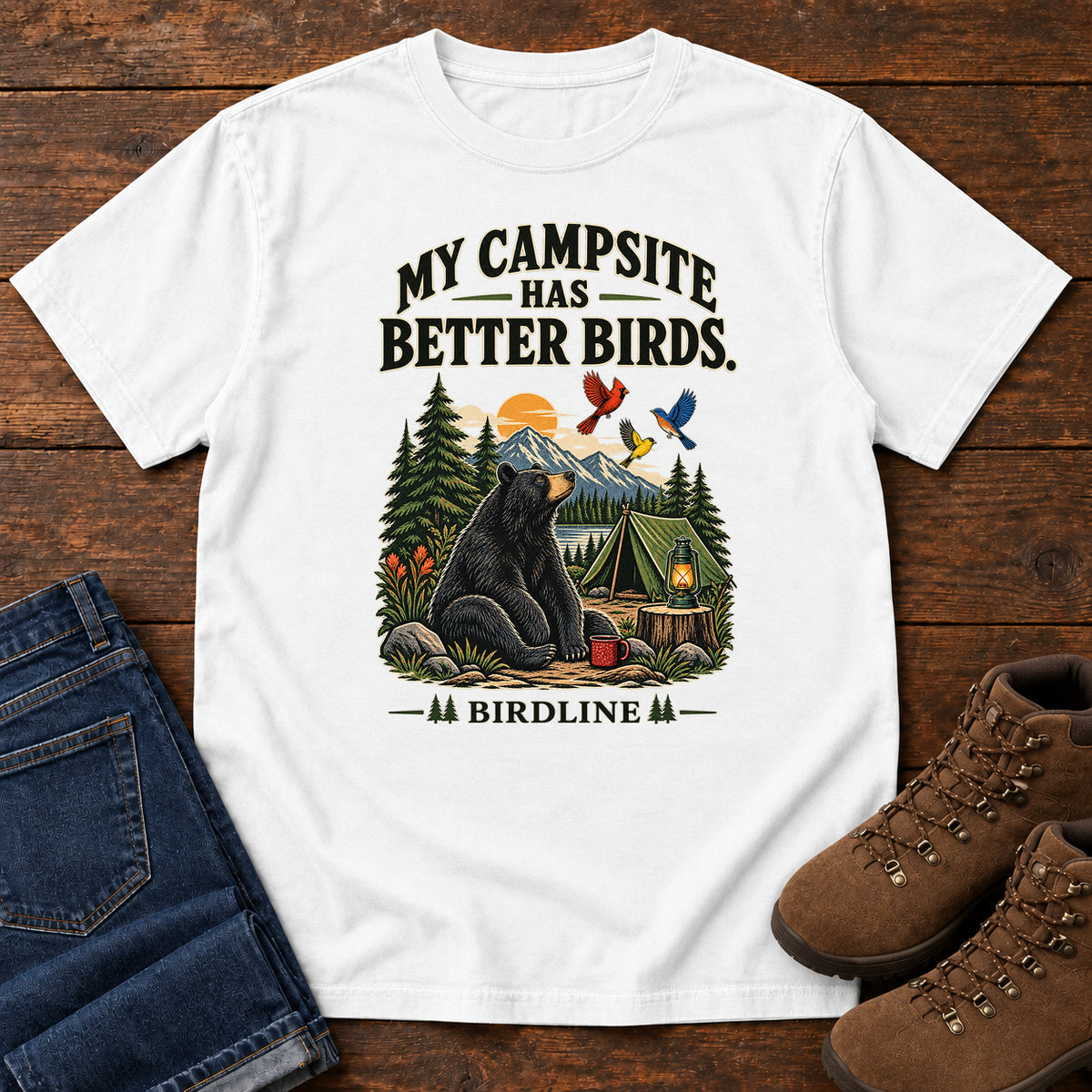 My Campsite Has Better Birds Bear T-Shirt in White