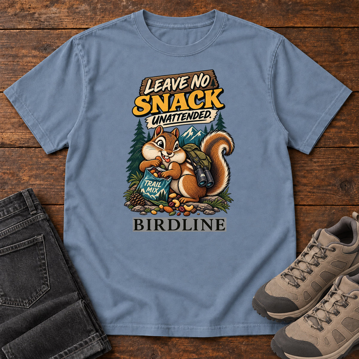Leave No Snack Unattended Squirrel T-Shirt in Blue Jean