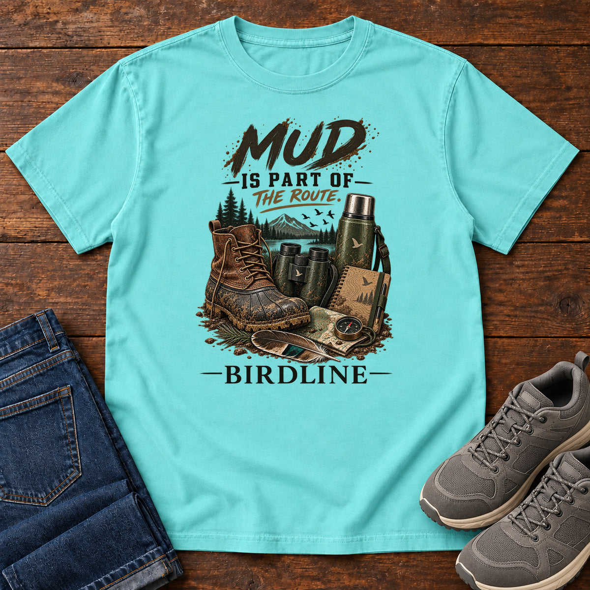 Mud Is Part of the Route Boots T-Shirt in Lagoon Blue