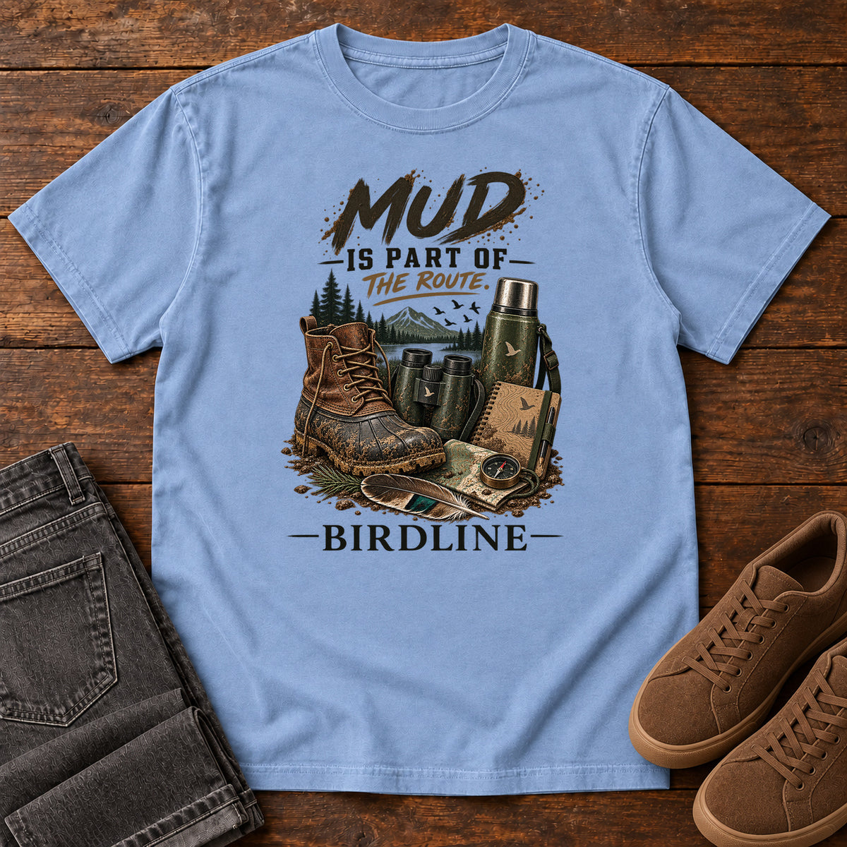 Mud Is Part of the Route Boots T-Shirt in Washed Denim