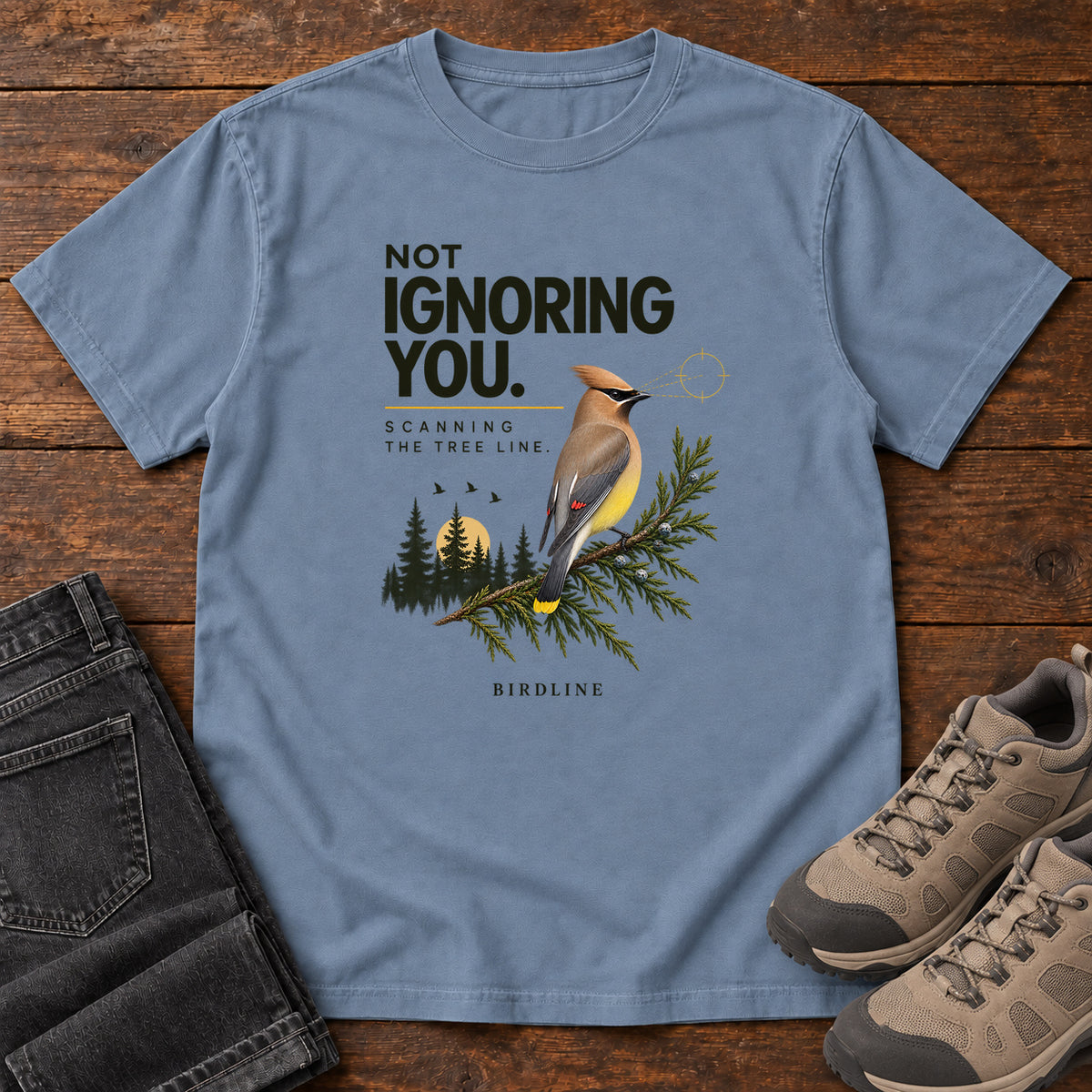 Not Ignoring You Scanning the Tree Line T-Shirt in Blue Jean