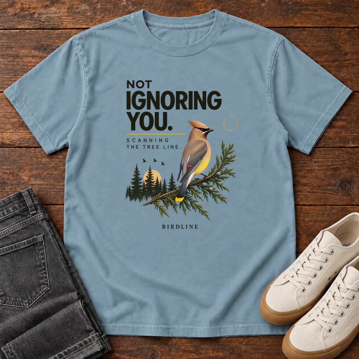 Not Ignoring You Scanning the Tree Line T-Shirt in Ice Blue
