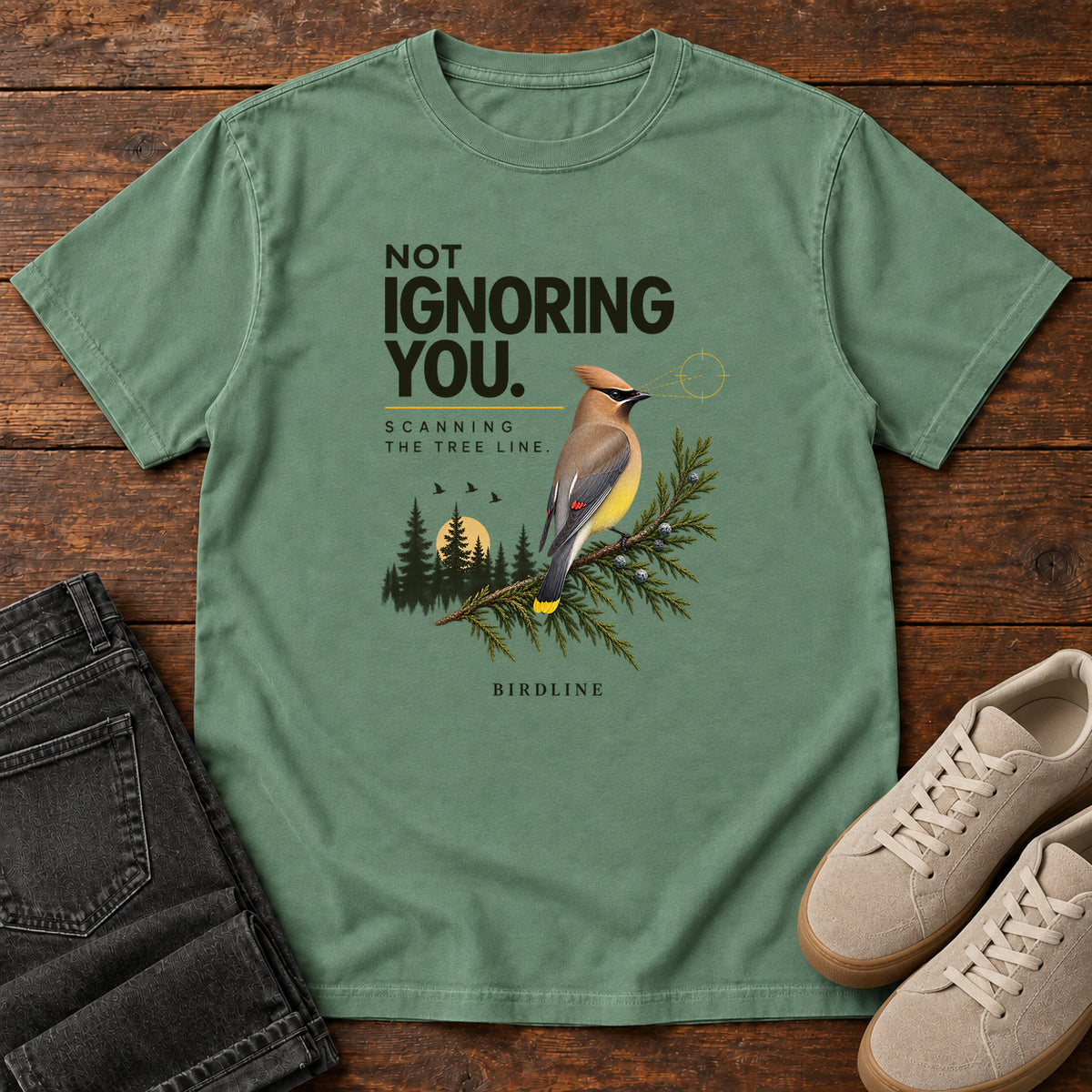 Not Ignoring You Scanning the Tree Line T-Shirt in Light Green