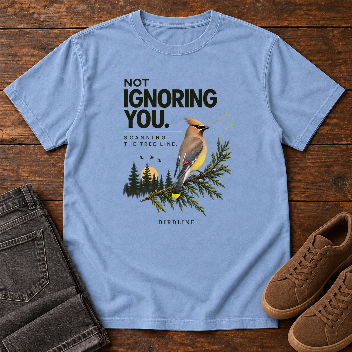 Not Ignoring You Scanning the Tree Line T-Shirt in Washed Denim