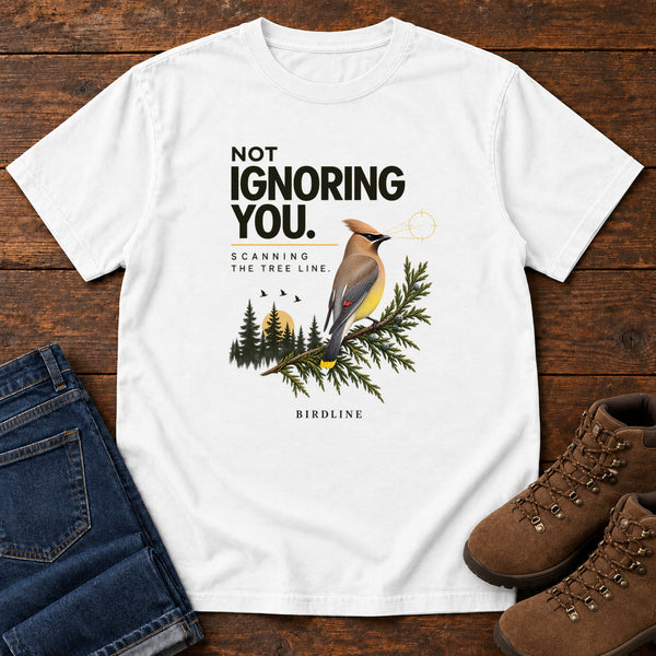 Not Ignoring You Scanning the Tree Line T-Shirt in White, front view