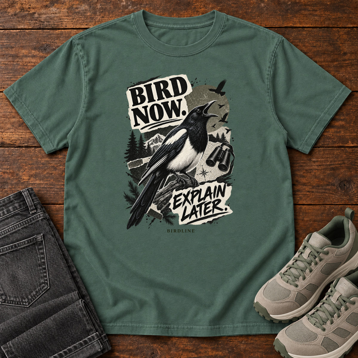 Bird Now Explain Later Magpie T-Shirt in Blue Spruce