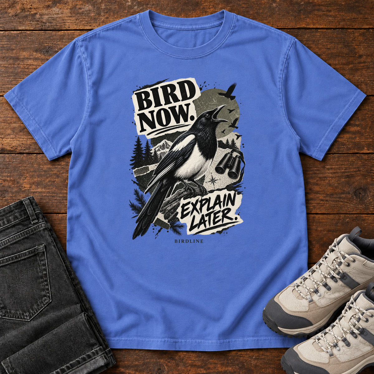 Bird Now Explain Later Magpie T-Shirt in Mystic Blue