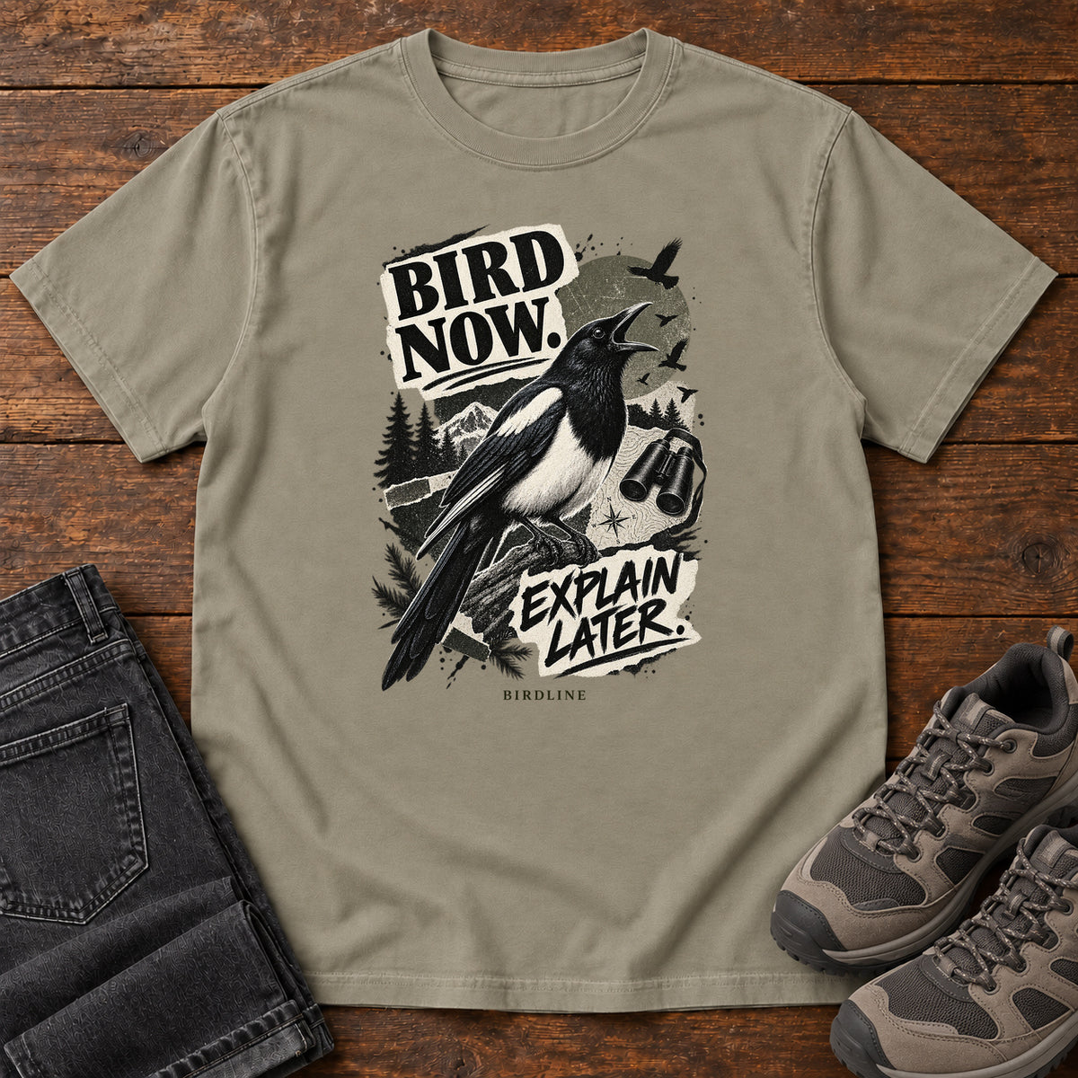 Bird Now Explain Later Magpie T-Shirt in Sandstone