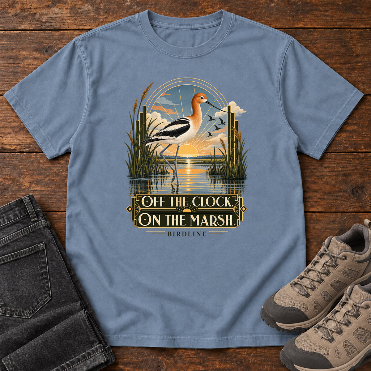 Off the Clock on the Marsh Avocet T-Shirt in Blue Jean