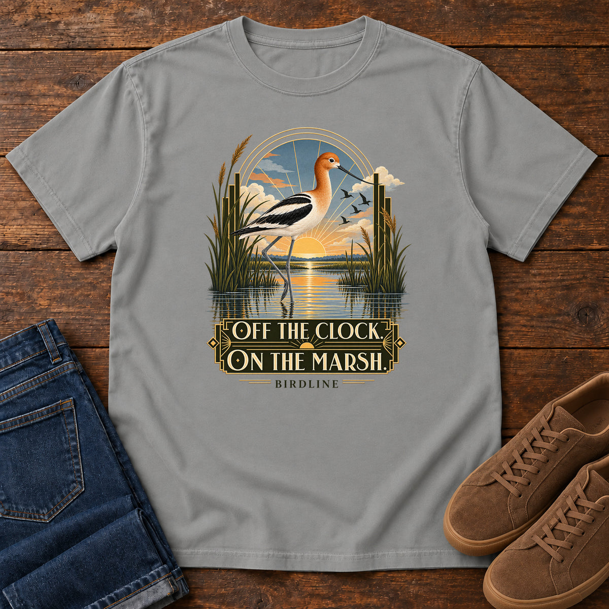 Off the Clock on the Marsh Avocet T-Shirt in Grey