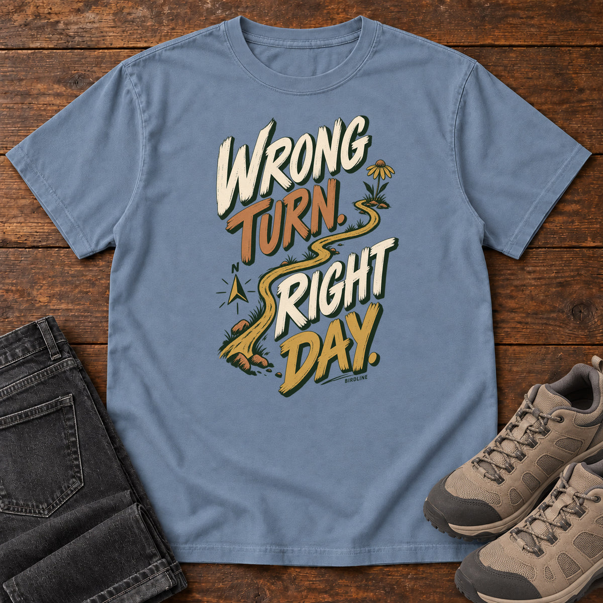 Wrong Turn Right Day T-Shirt in Blue Jean, right side