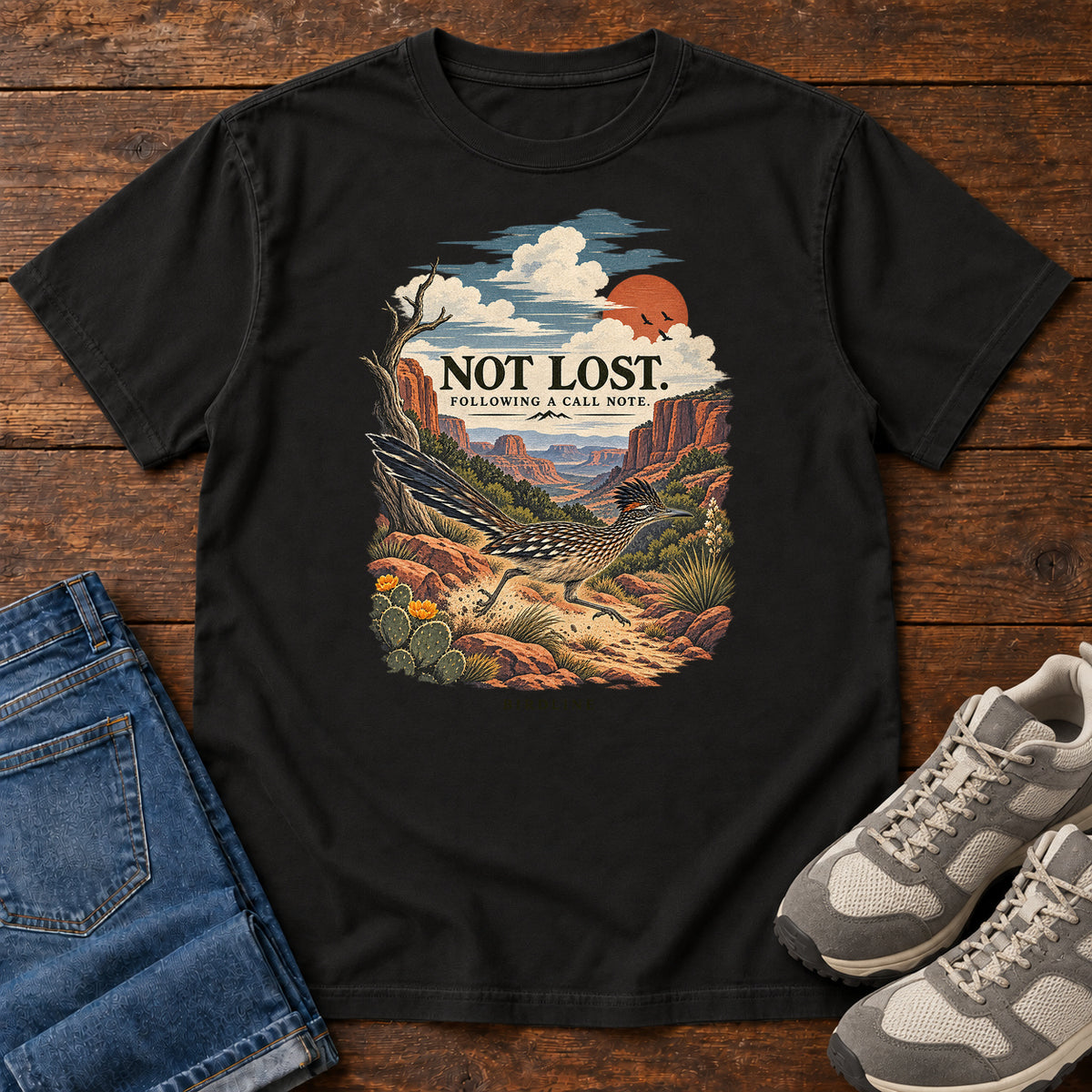 Not Lost Following a Call Note Roadrunner T-Shirt in Black