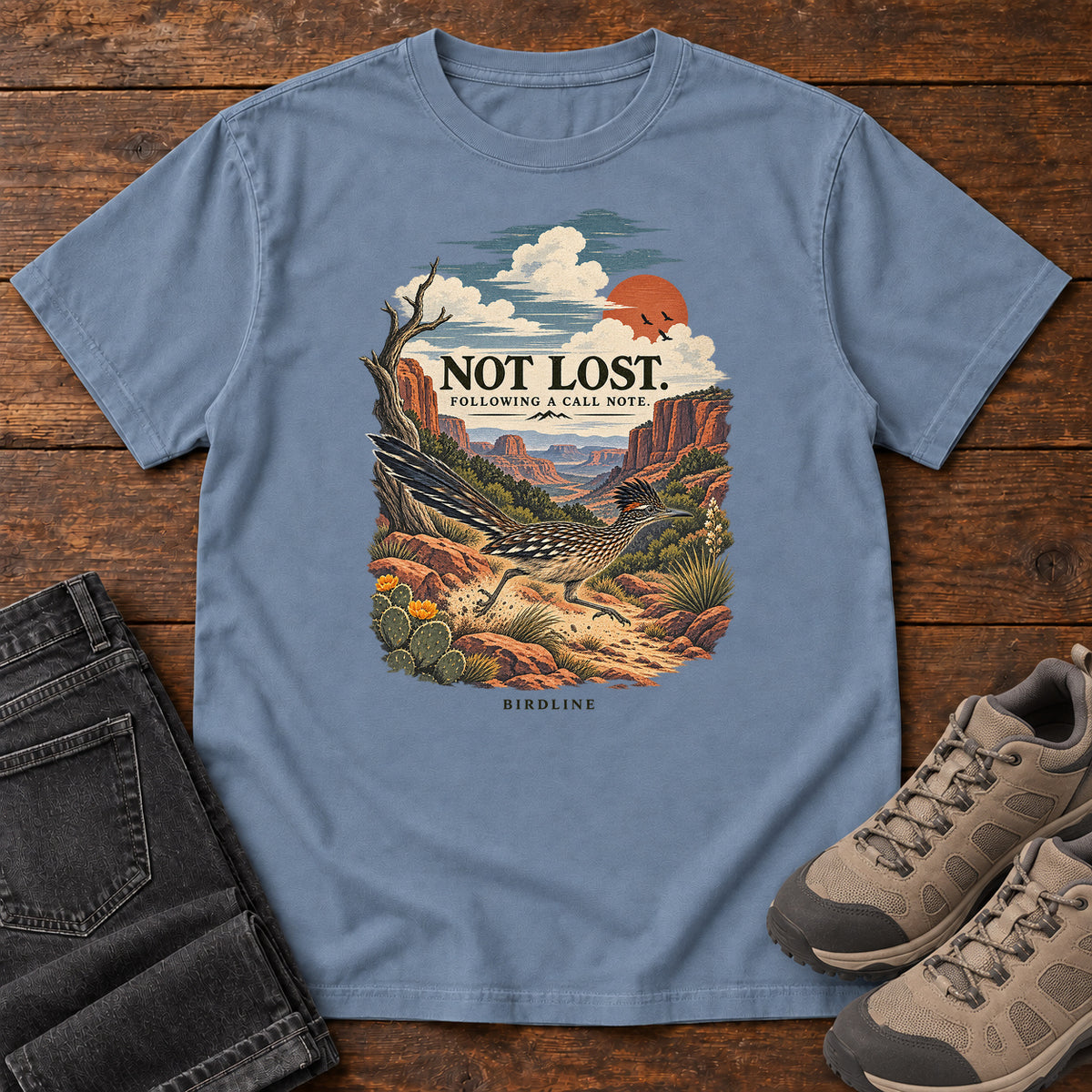 Not Lost Following a Call Note Roadrunner T-Shirt in Blue Jean