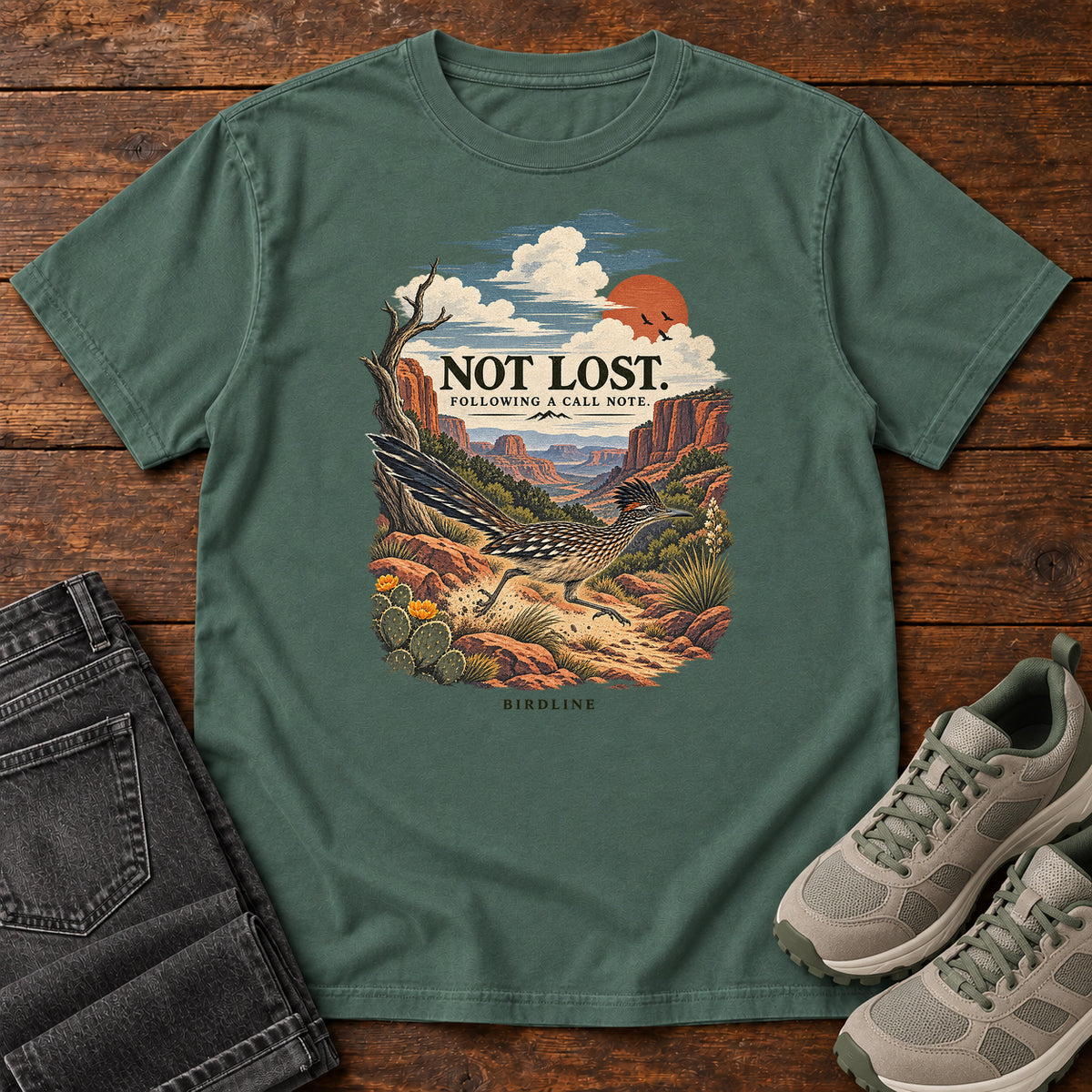 Not Lost Following a Call Note Roadrunner T-Shirt in Blue Spruce