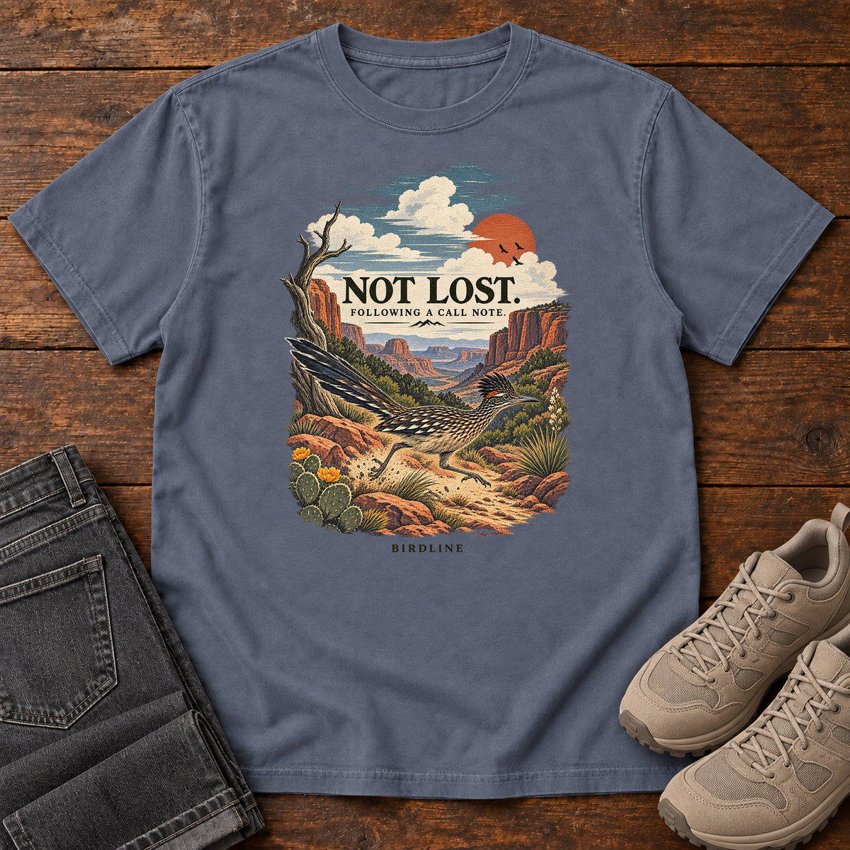 Not Lost Following a Call Note Roadrunner T-Shirt in Denim