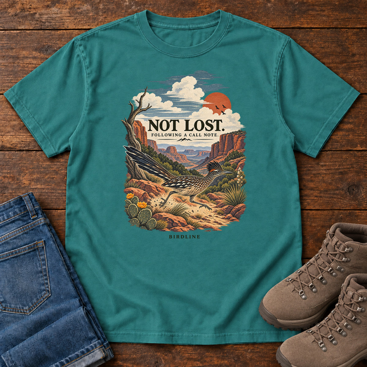 Not Lost Following a Call Note Roadrunner T-Shirt in Emerald