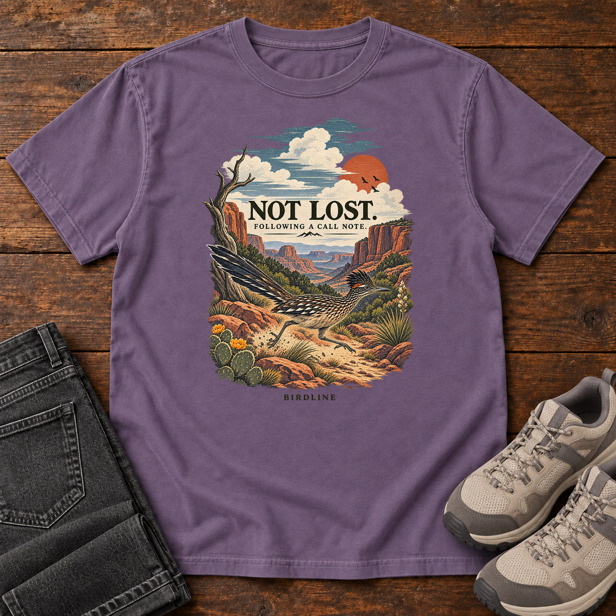 Not Lost Following a Call Note Roadrunner T-Shirt in Grape