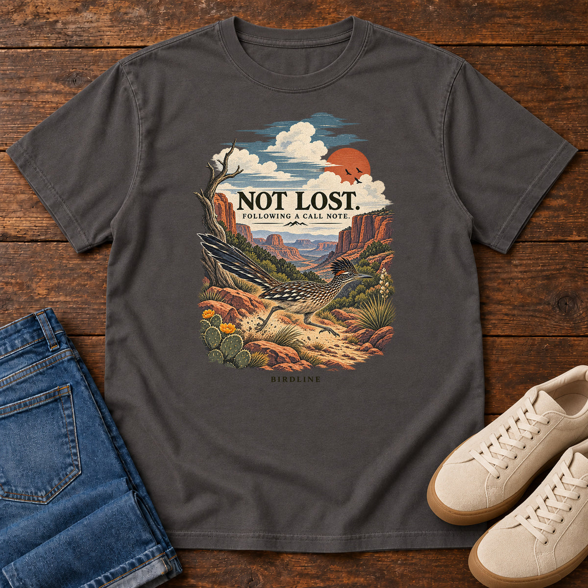 Not Lost Following a Call Note Roadrunner T-Shirt in Graphite