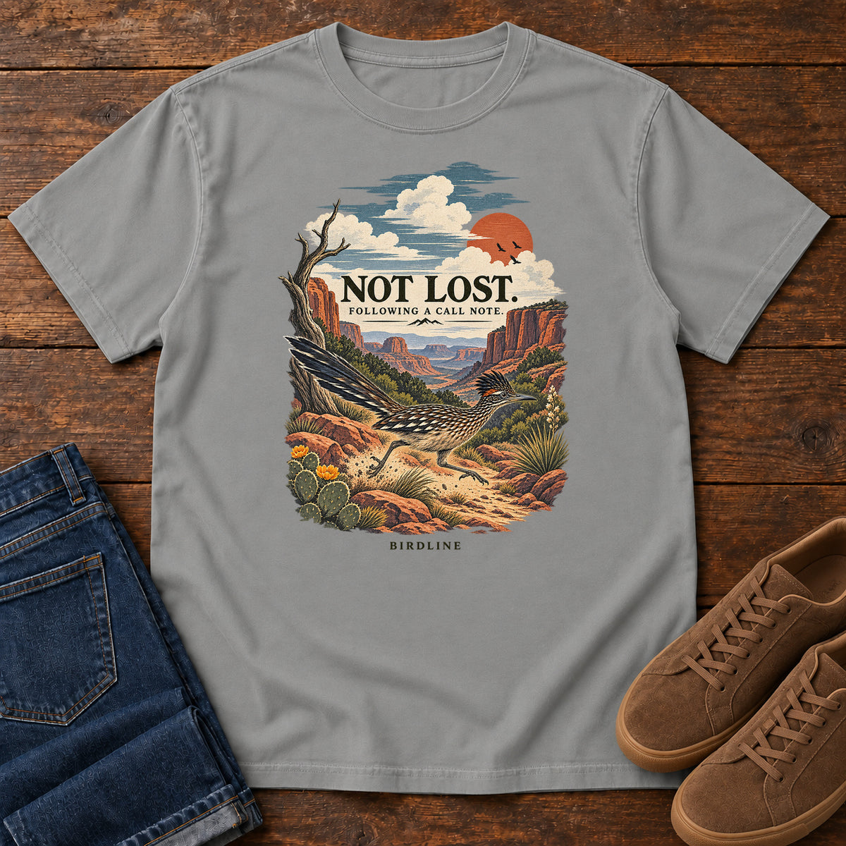 Not Lost Following a Call Note Roadrunner T-Shirt in Grey