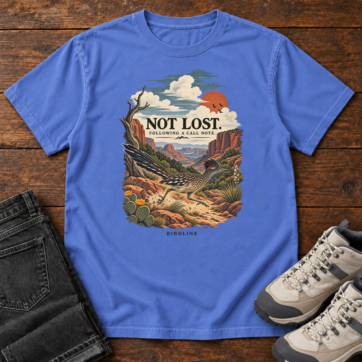 Not Lost Following a Call Note Roadrunner T-Shirt in Mystic Blue