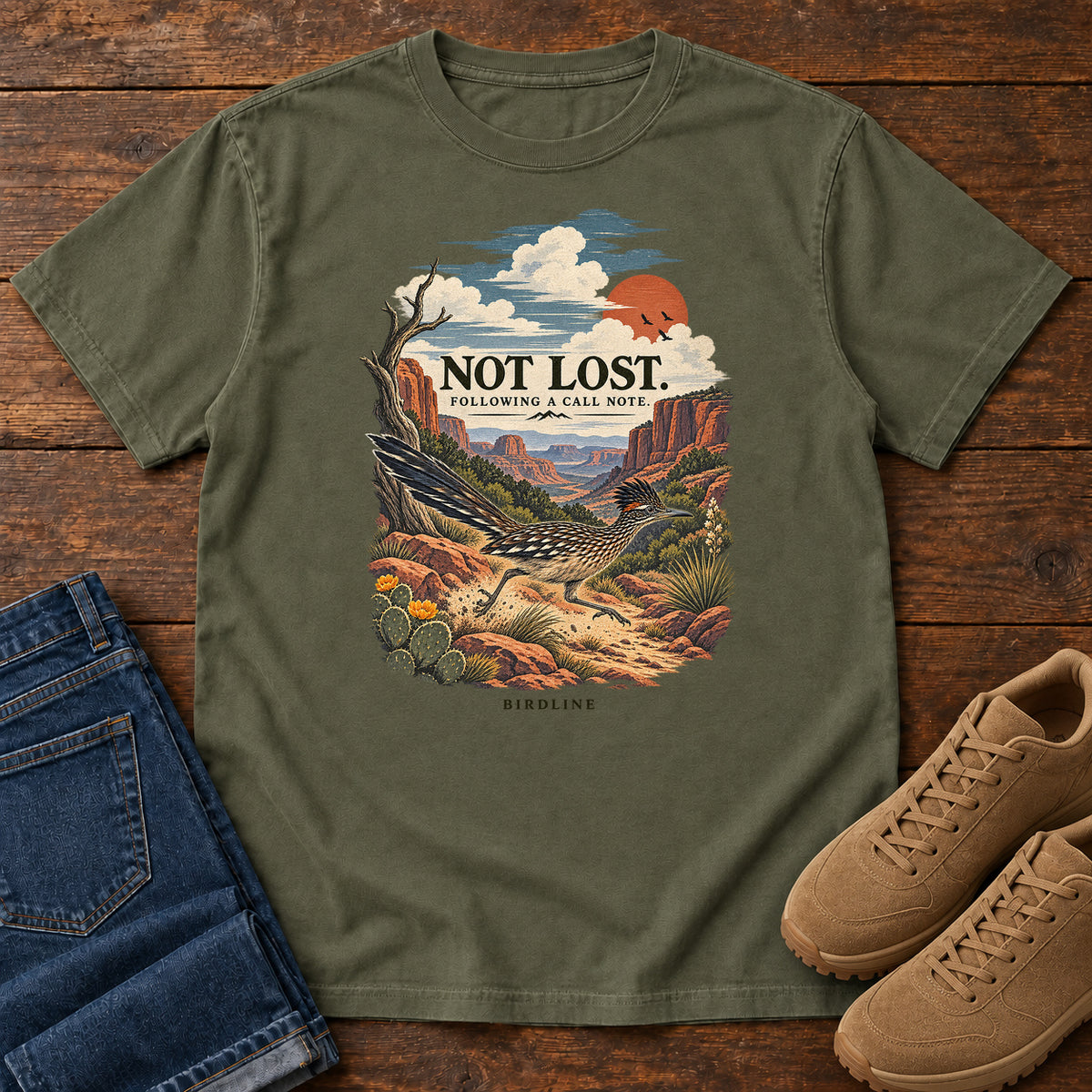 Not Lost Following a Call Note Roadrunner T-Shirt in Sage