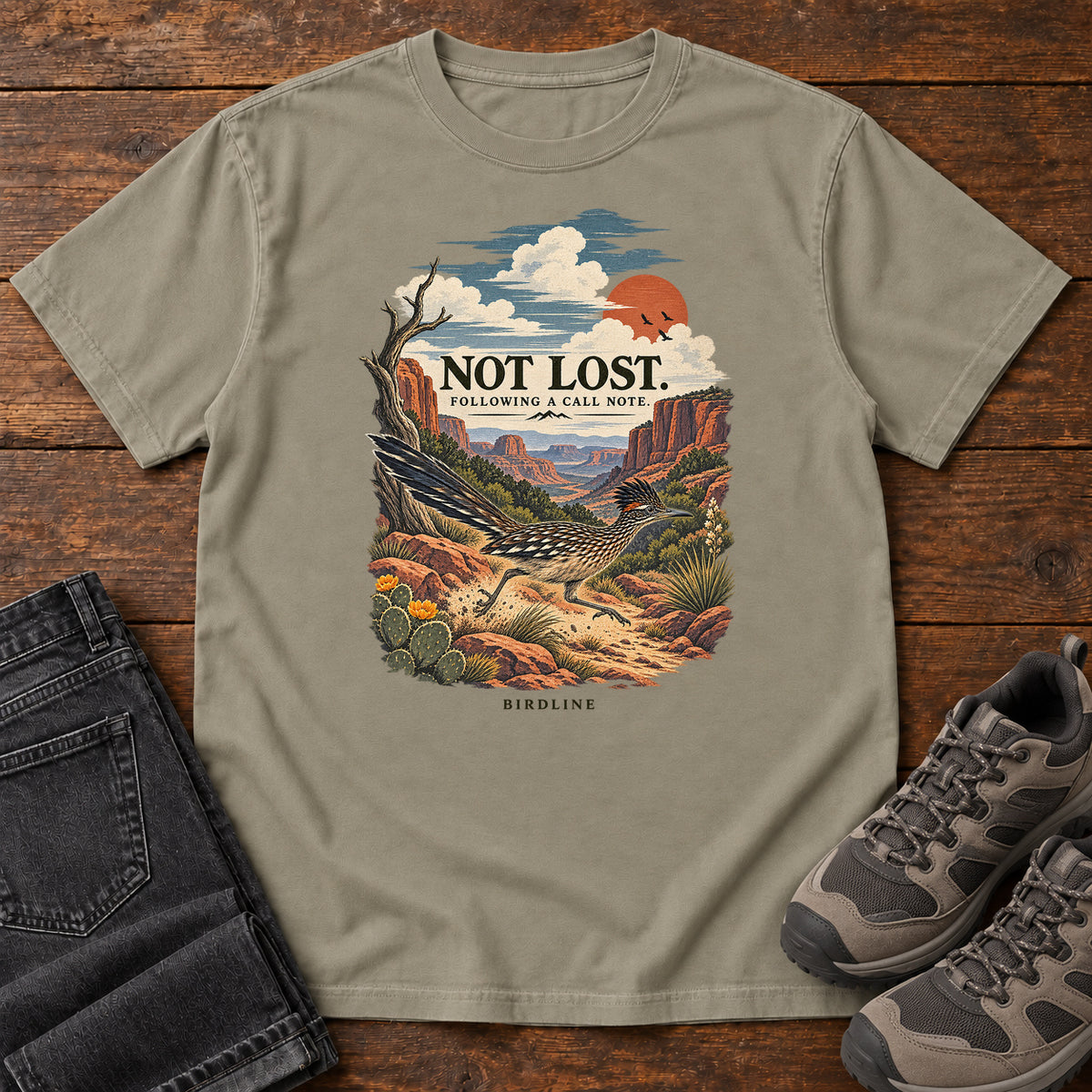 Not Lost Following a Call Note Roadrunner T-Shirt in Sandstone