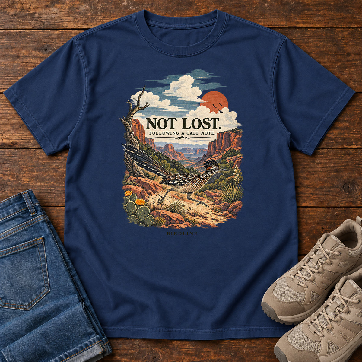 Not Lost Following a Call Note Roadrunner T-Shirt in True Navy