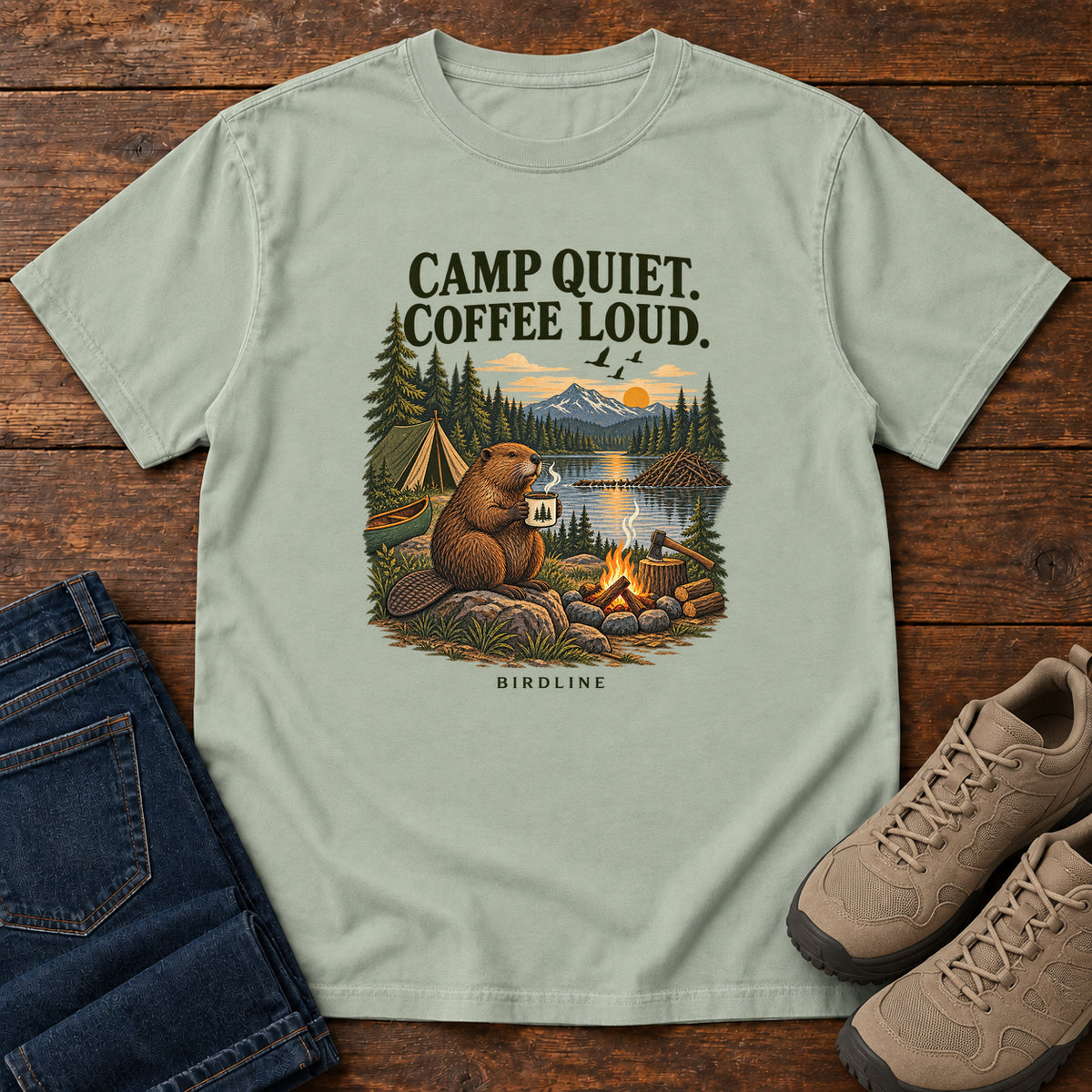 Camp Quiet Coffee Loud Beaver T-Shirt in Bay