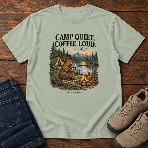 Camp Quiet Coffee Loud Beaver T-Shirt in Bay, front view