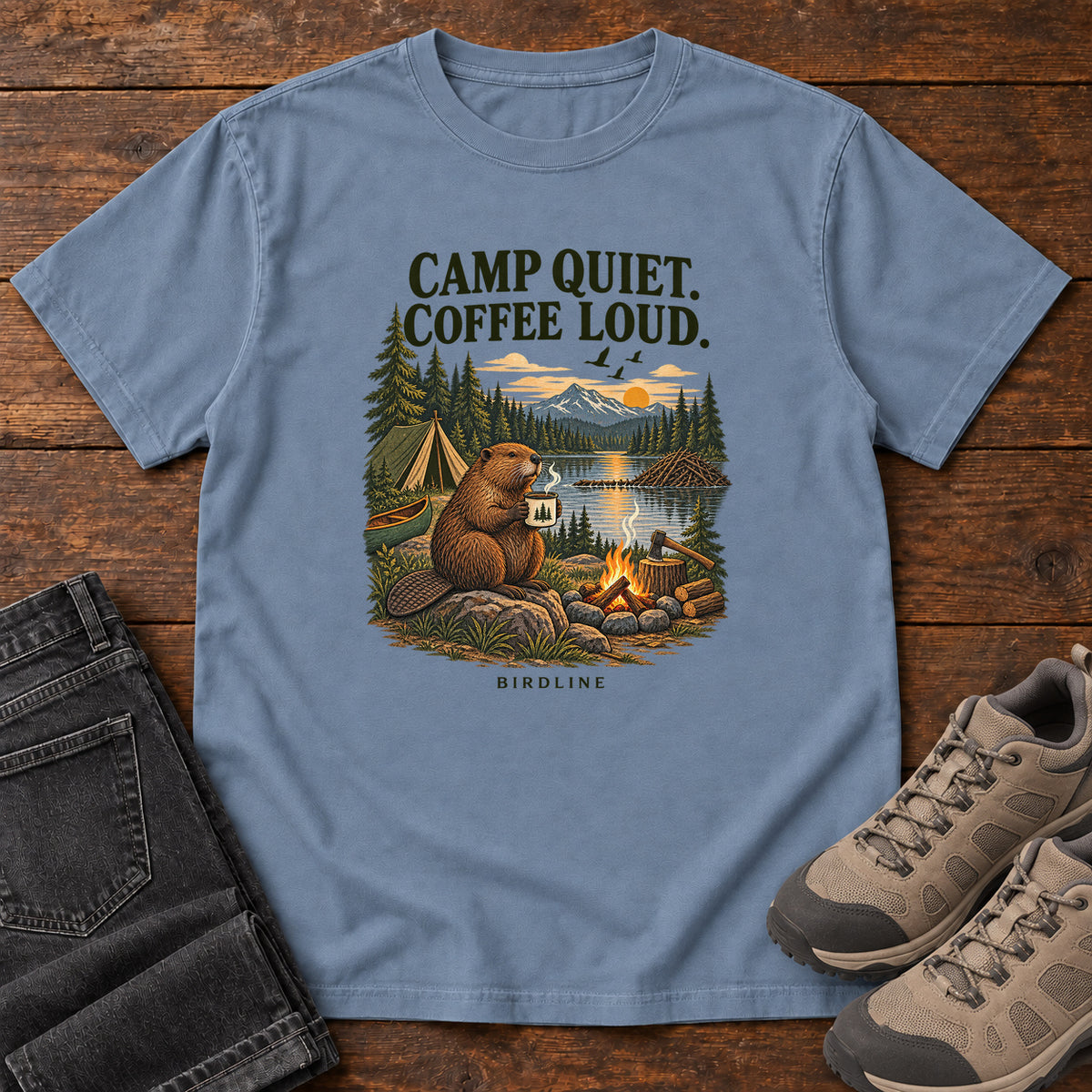 Camp Quiet Coffee Loud Beaver T-Shirt in Blue Jean