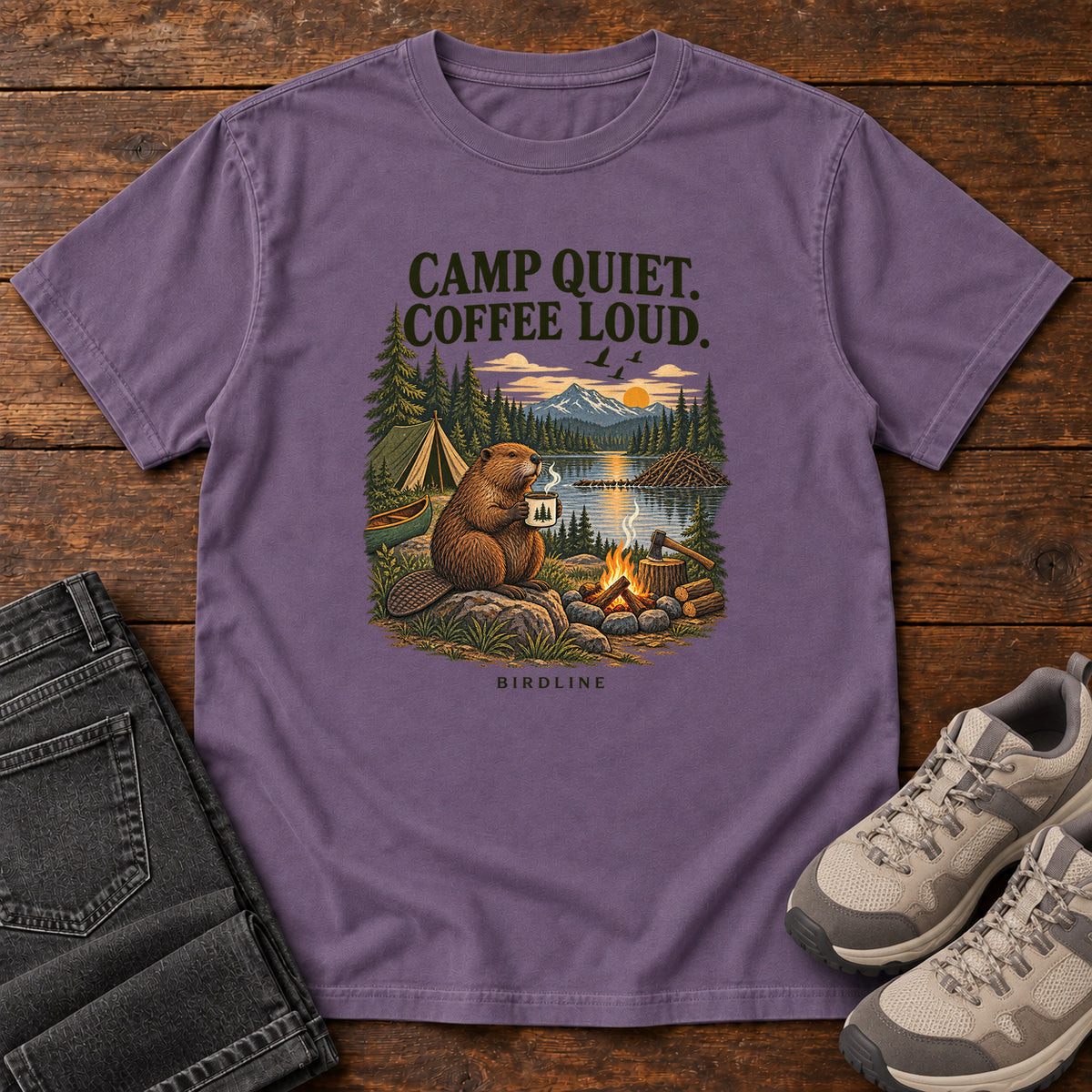 Camp Quiet Coffee Loud Beaver T-Shirt in Grape