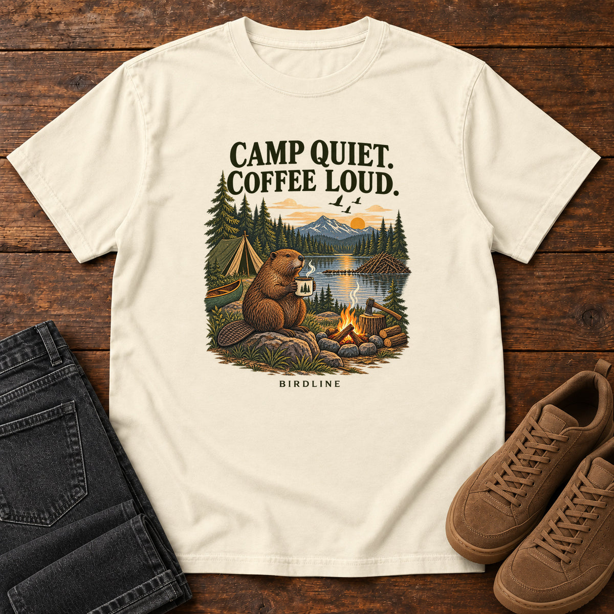 Camp Quiet Coffee Loud Beaver T-Shirt in Ivory