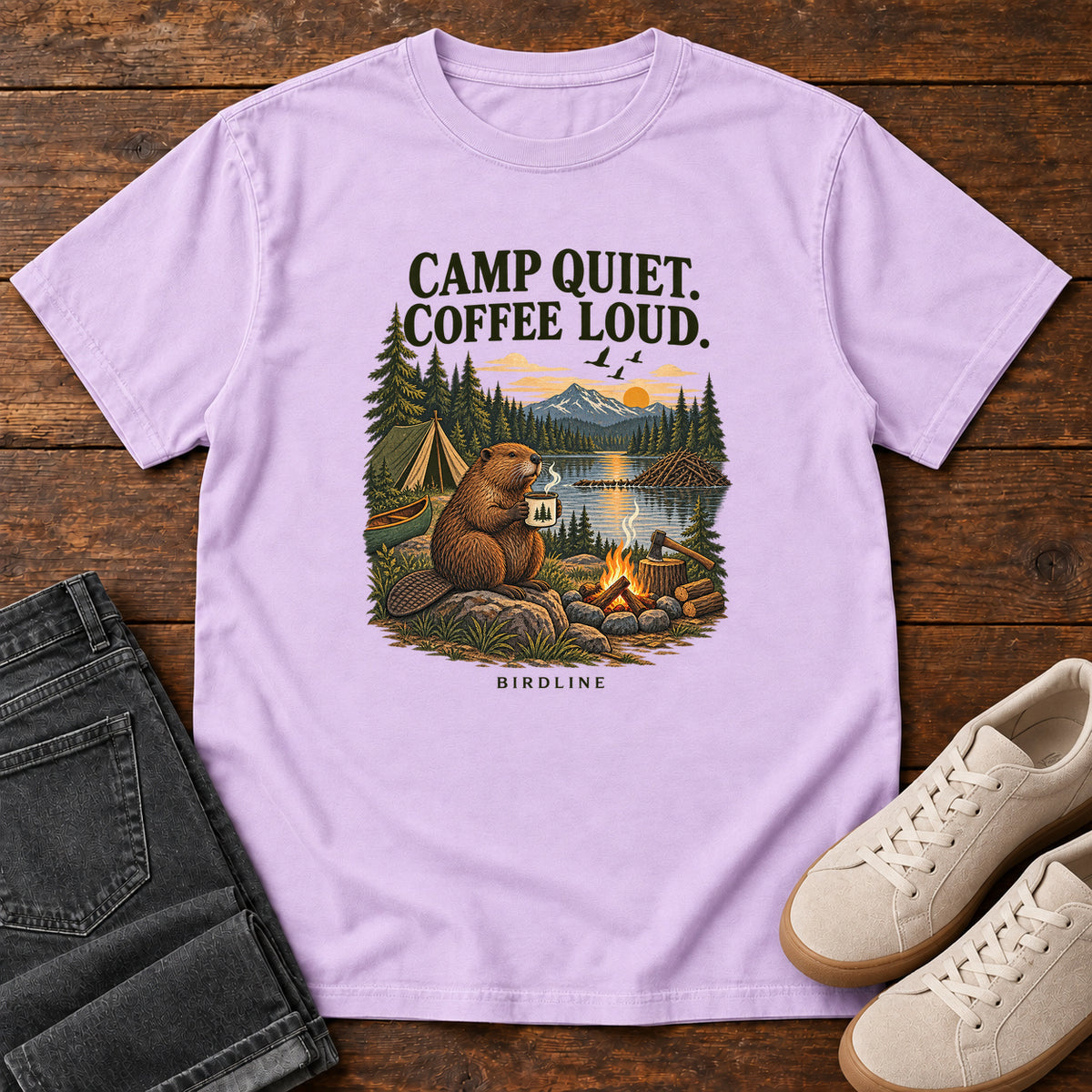 Camp Quiet Coffee Loud Beaver T-Shirt in Orchid