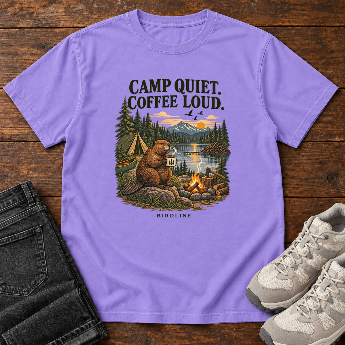 Camp Quiet Coffee Loud Beaver T-Shirt in Violet