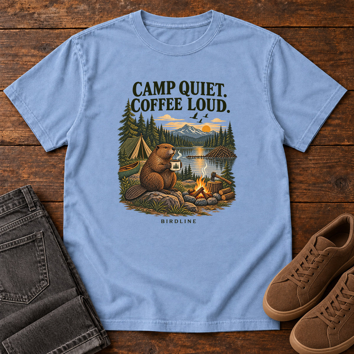Camp Quiet Coffee Loud Beaver T-Shirt in Washed Denim