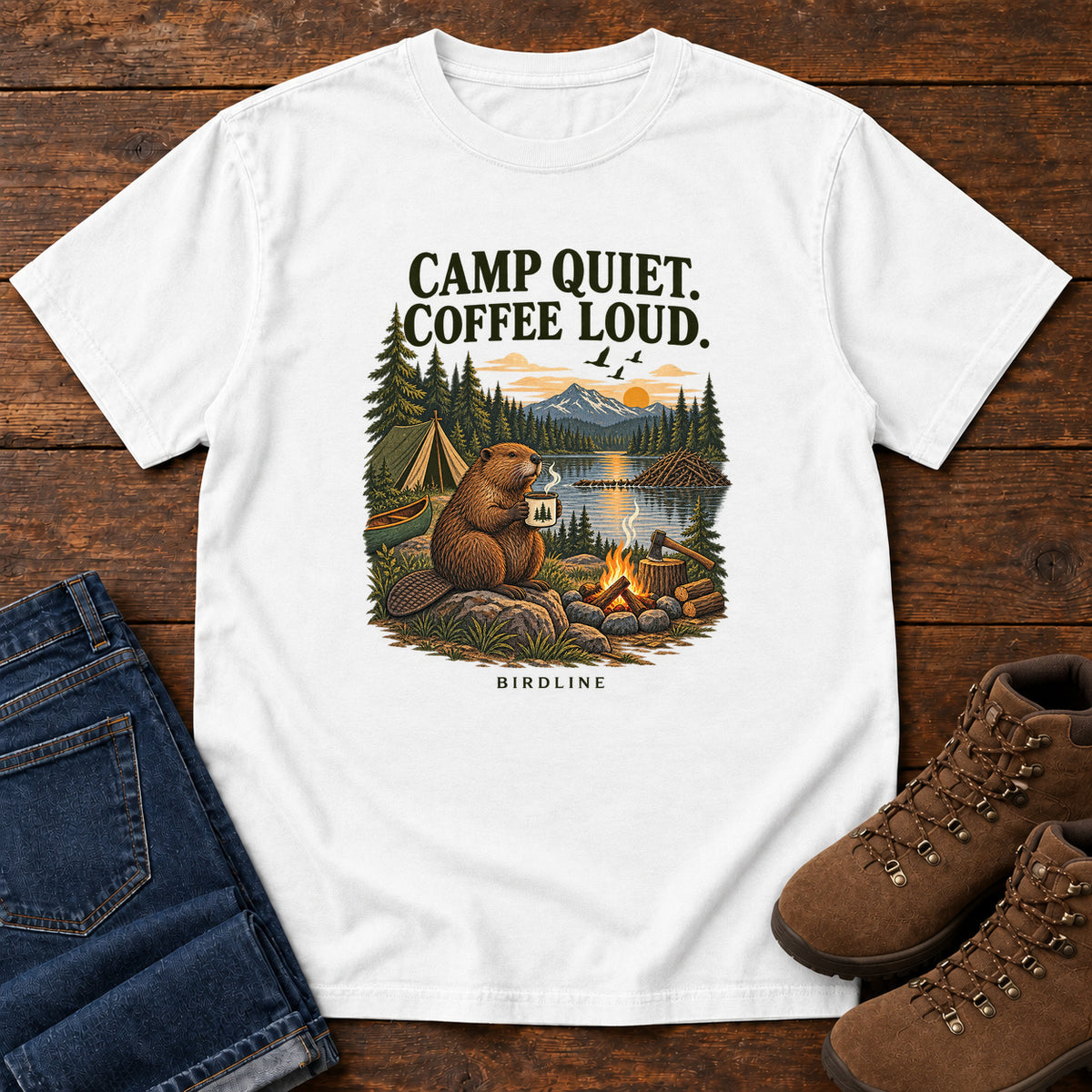 Camp Quiet Coffee Loud Beaver T-Shirt in White