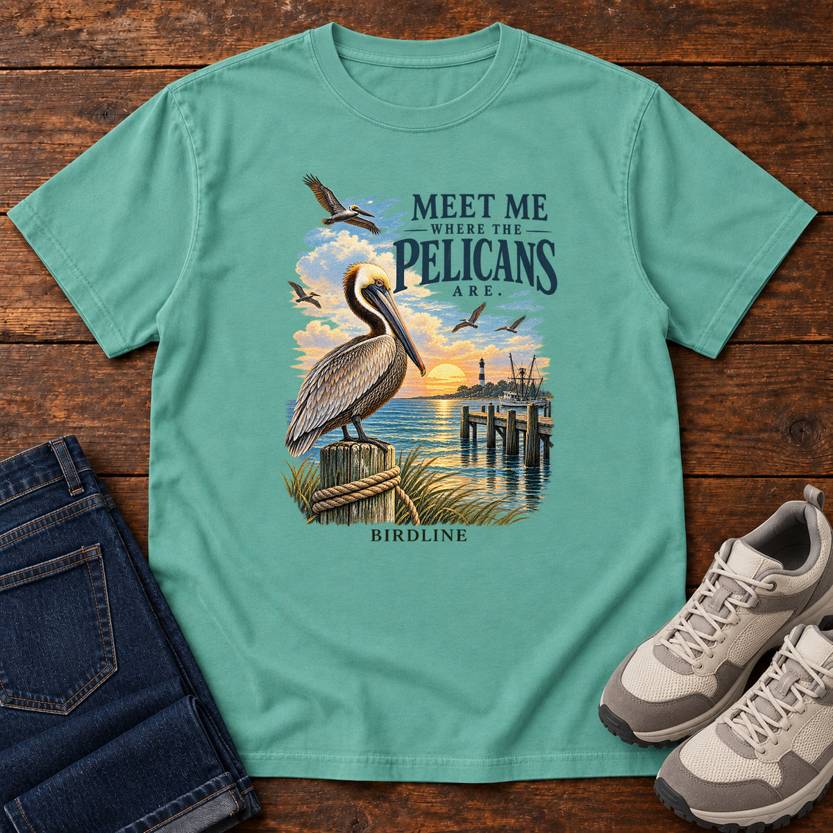 Meet Me Where the Pelicans Are T-Shirt in Seafoam