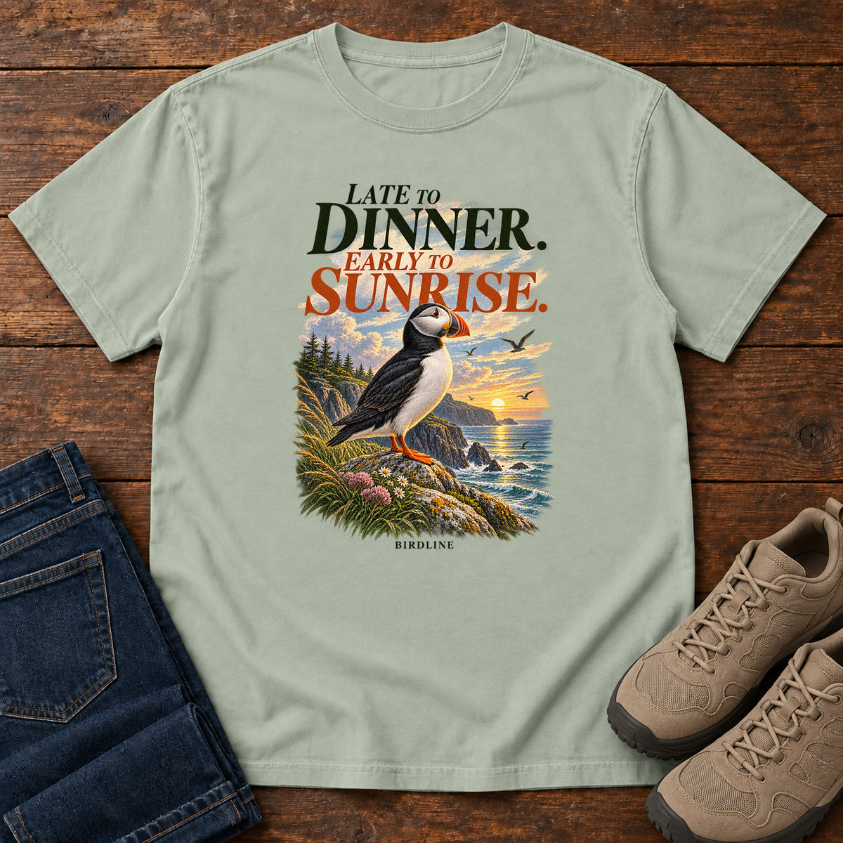 Late to Dinner Early to Sunrise Puffin T-Shirt in Bay