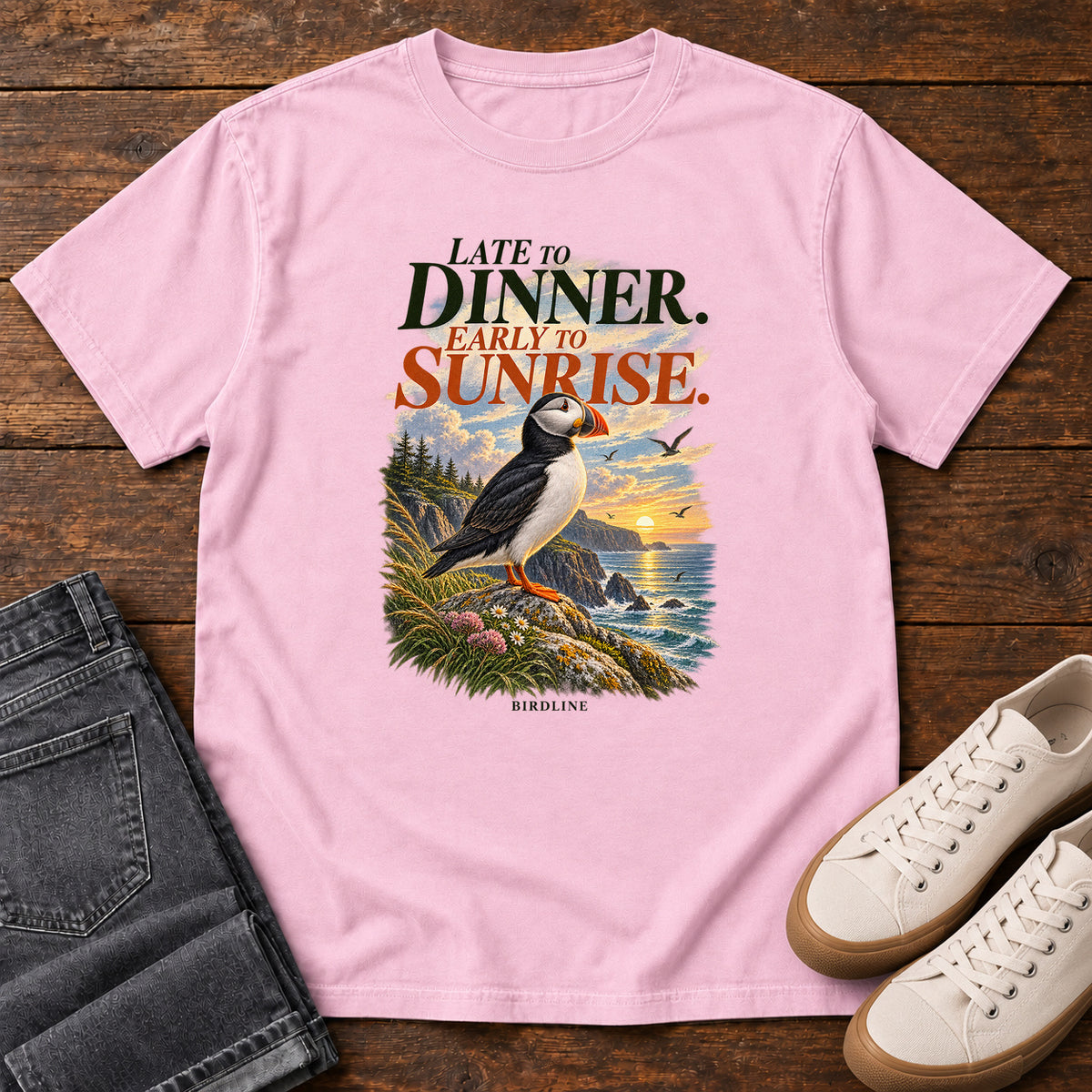 Late to Dinner Early to Sunrise Puffin T-Shirt in Blossom