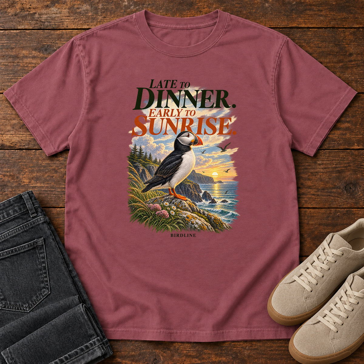 Late to Dinner Early to Sunrise Puffin T-Shirt in Brick