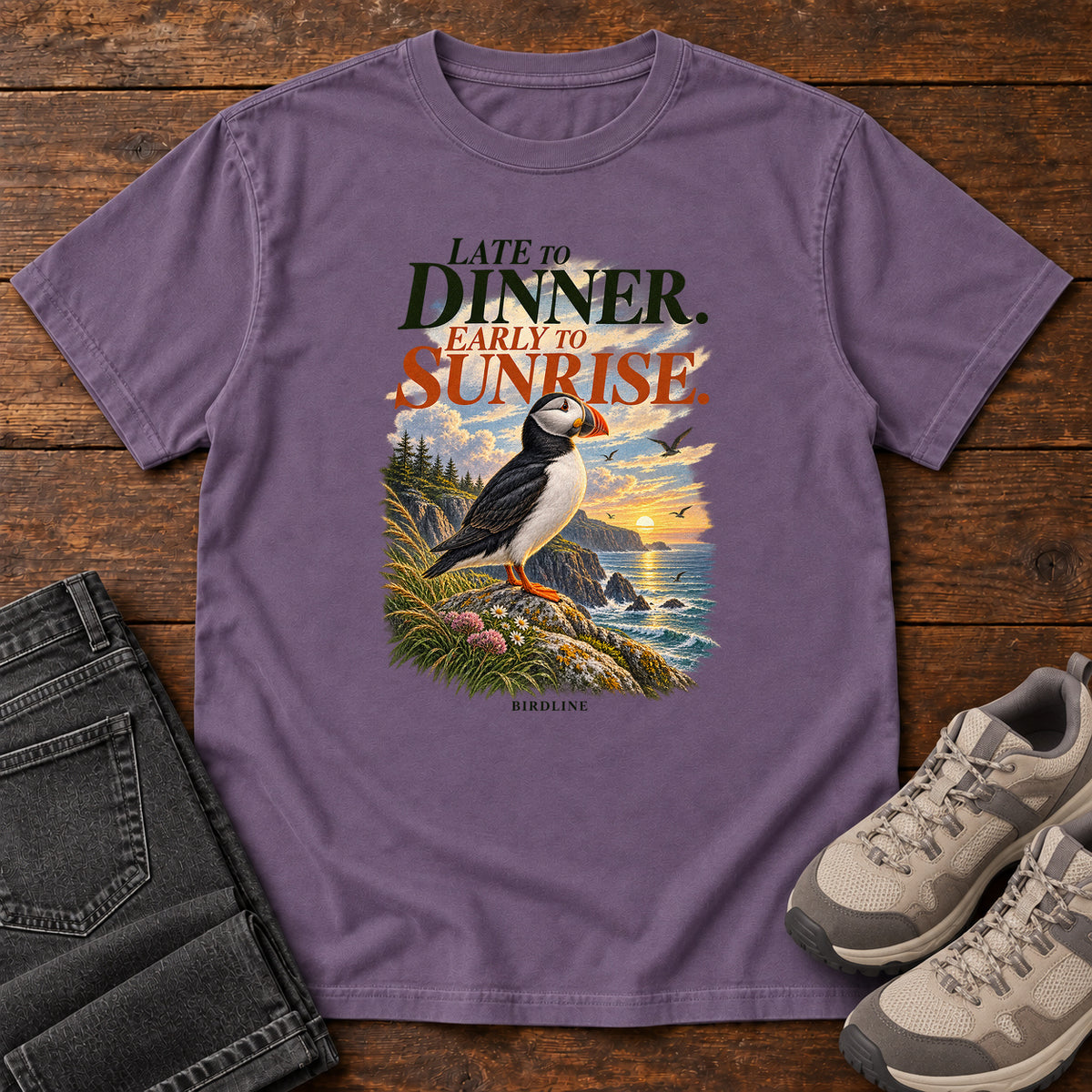 Late to Dinner Early to Sunrise Puffin T-Shirt in Grape
