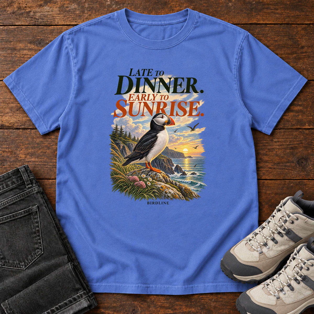 Late to Dinner Early to Sunrise Puffin T-Shirt in Mystic Blue