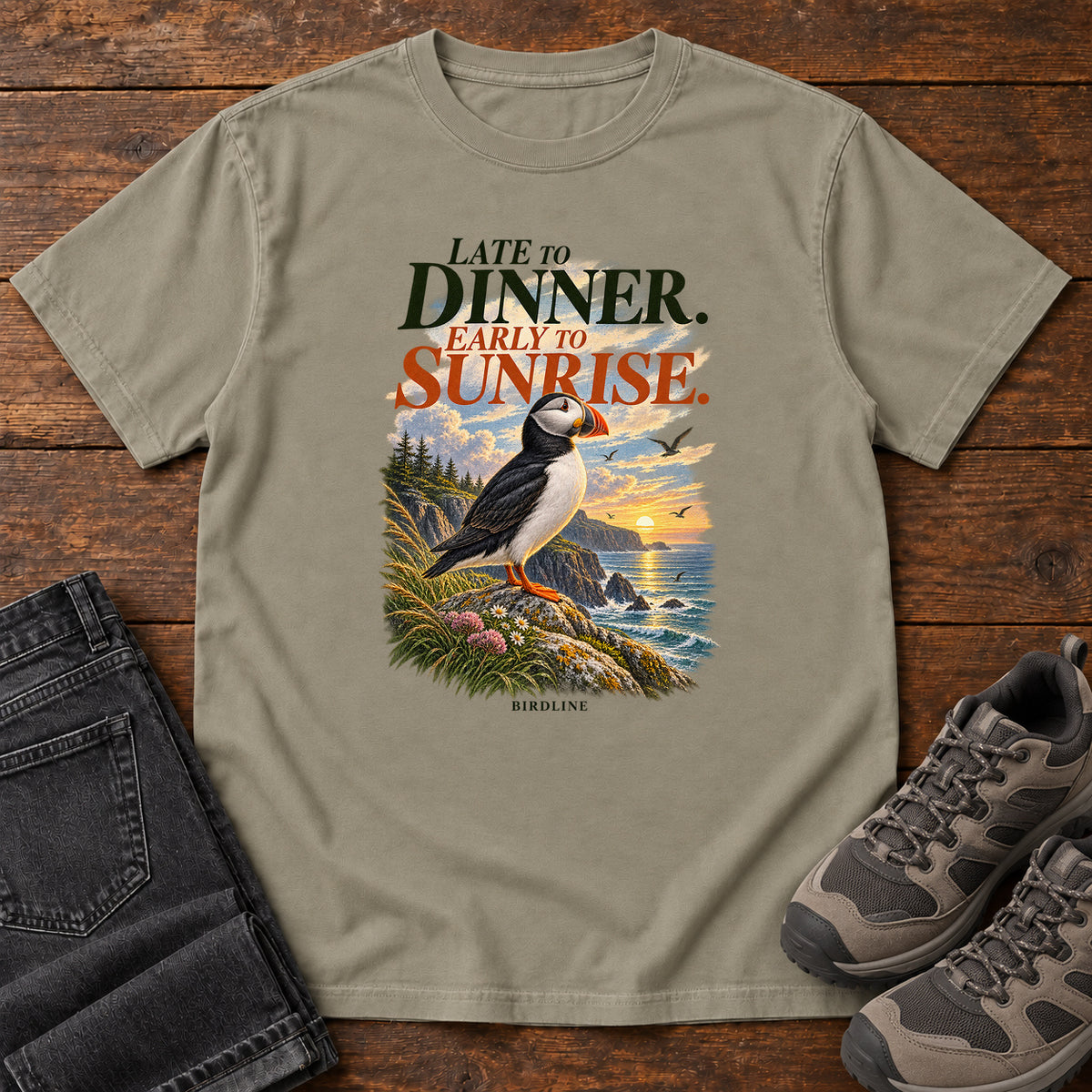 Late to Dinner Early to Sunrise Puffin T-Shirt in Sandstone