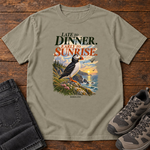 Late to Dinner Early to Sunrise Puffin T-Shirt in Sandstone, front view