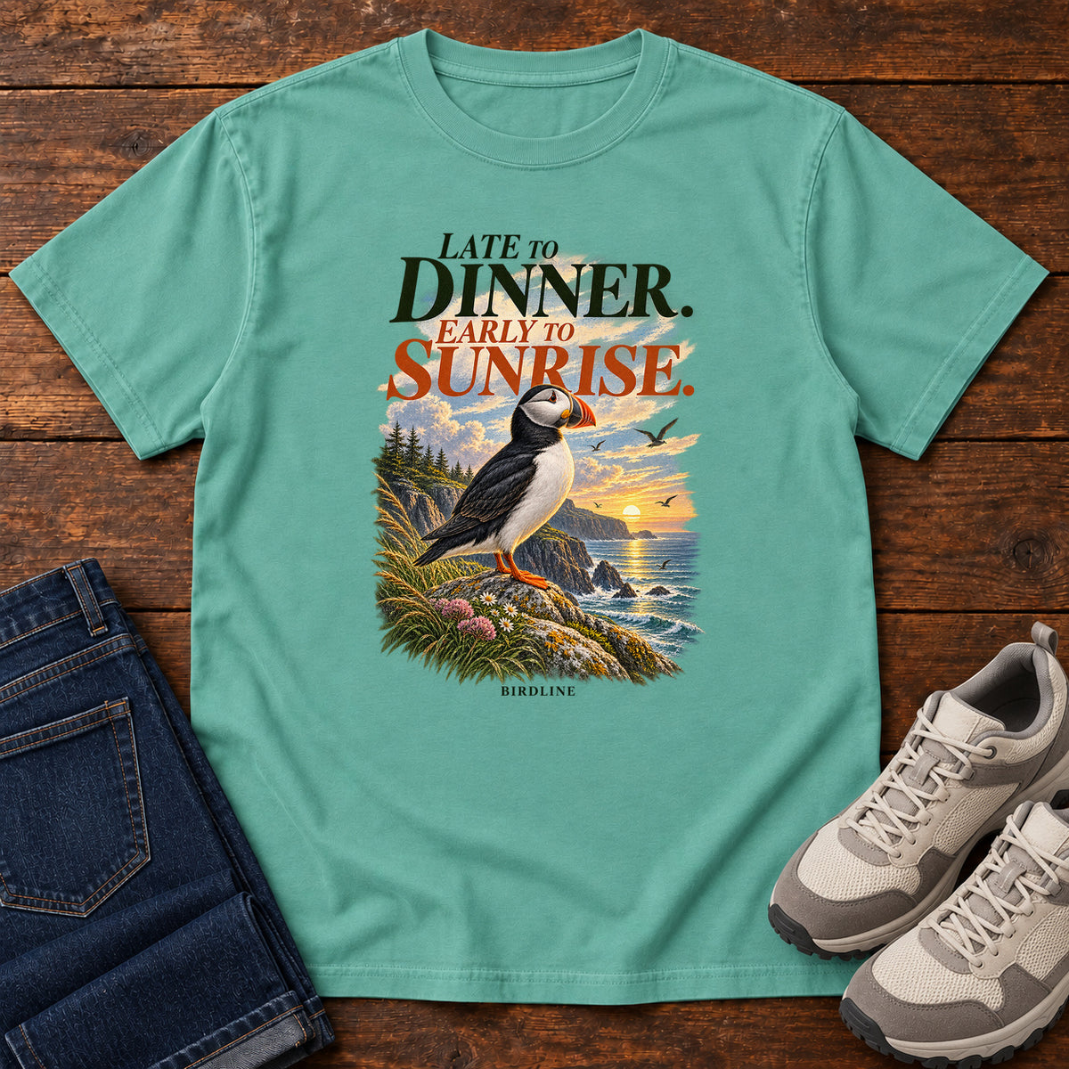 Late to Dinner Early to Sunrise Puffin T-Shirt in Seafoam