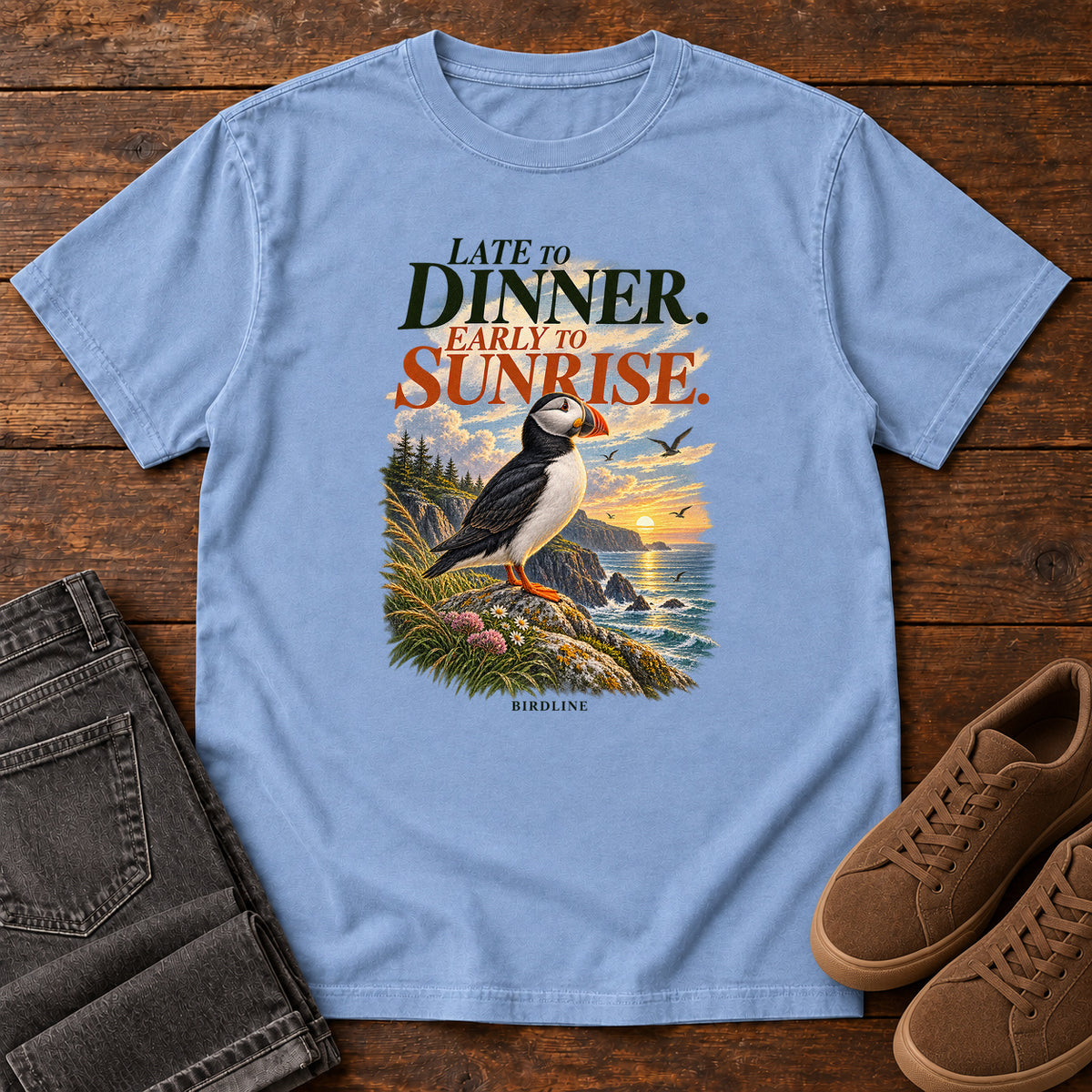 Late to Dinner Early to Sunrise Puffin T-Shirt in Washed Denim