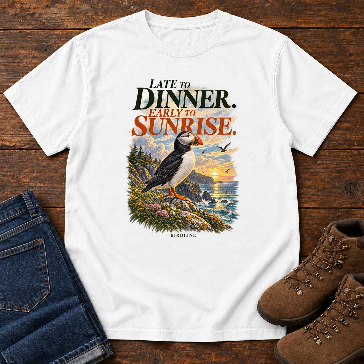 Late to Dinner Early to Sunrise Puffin T-Shirt in White